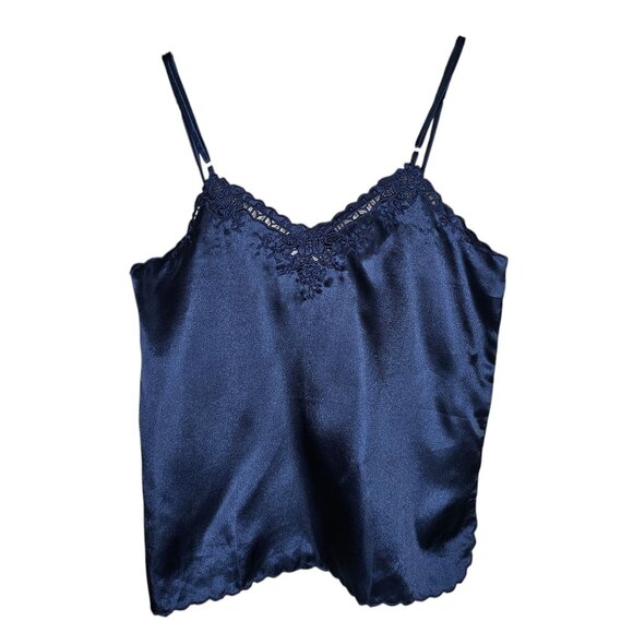 Vintage 90s L Silk Camisole Tank Top Blue Whimsigoth Embroidered Floral Satin - Picture 1 of 7